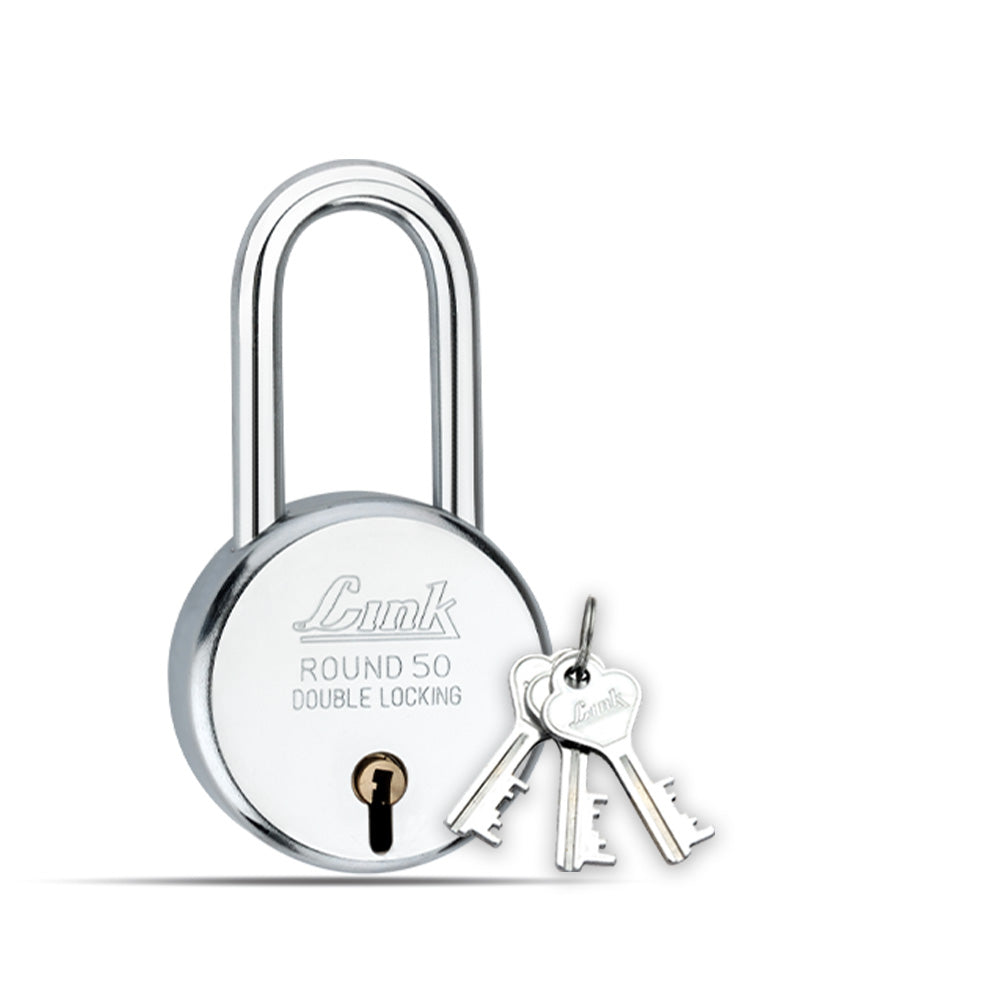 Link 50mm New Round Long Shackle Pack of 1  | 50,000 Key Combinations | Made in India | Double Locking | Steel Body | Iron Lever| 3 Keys for Each Padlock