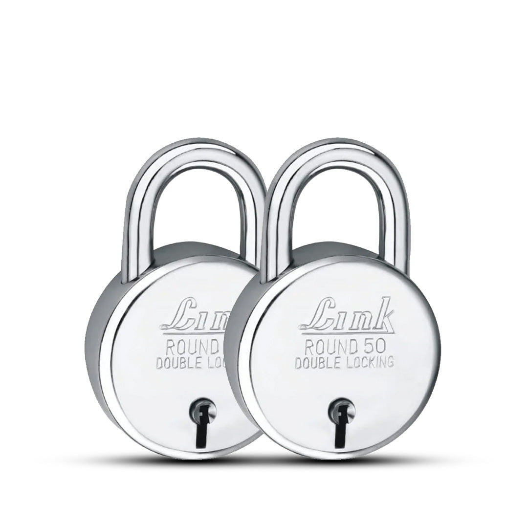 Link  New Round 50MM Lock | Steel Body | Iron Lever | Double Locking | 50,000 Key Combinations 3 Silver Keys for Each Padlocks (Pack of 2)