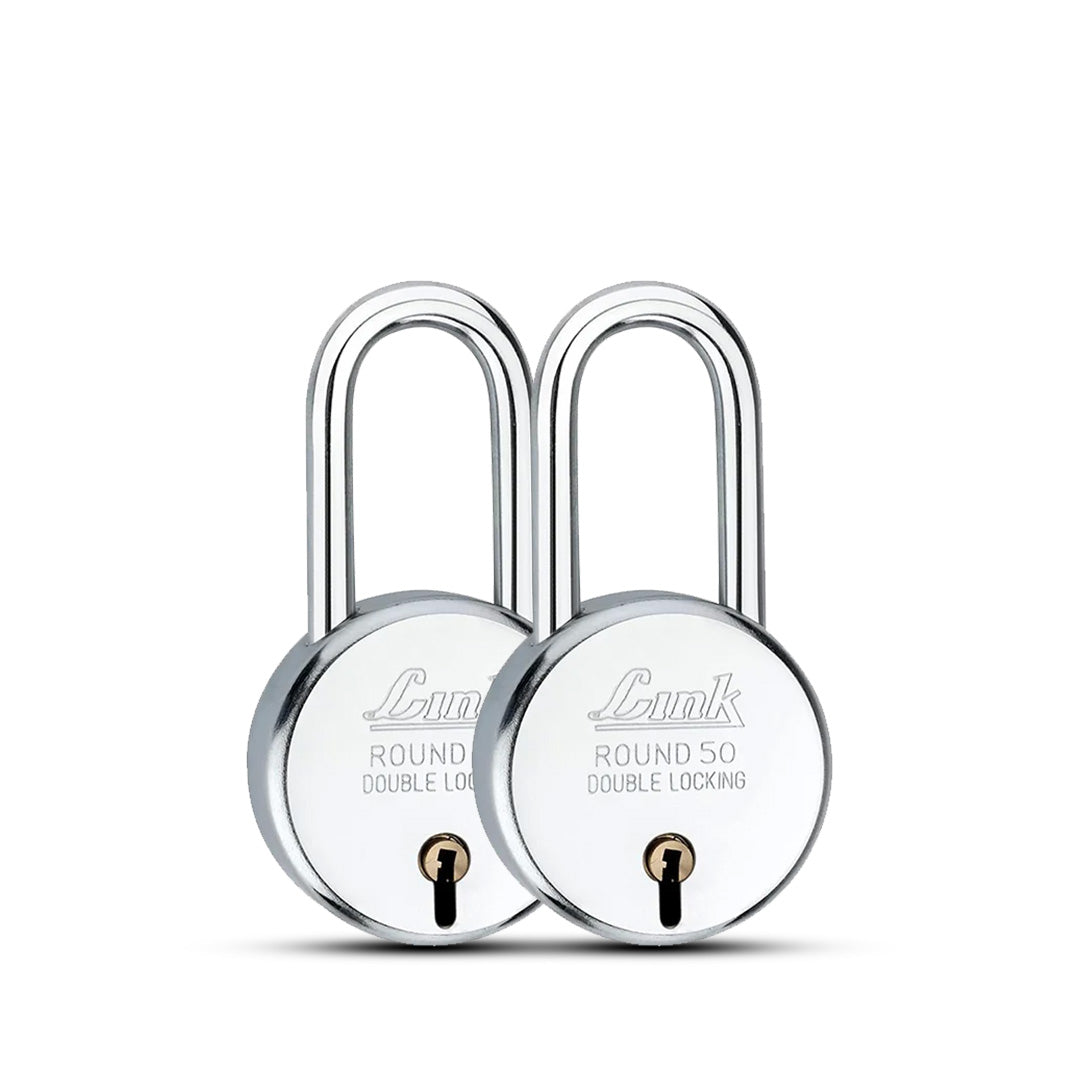 Link  New Round 50MM LS Padlock | Steel Body | Iron Lever | Double Locking | 50,000 Key Combinations 3 Silver Keys for Each Padlocks (Pack of 2)