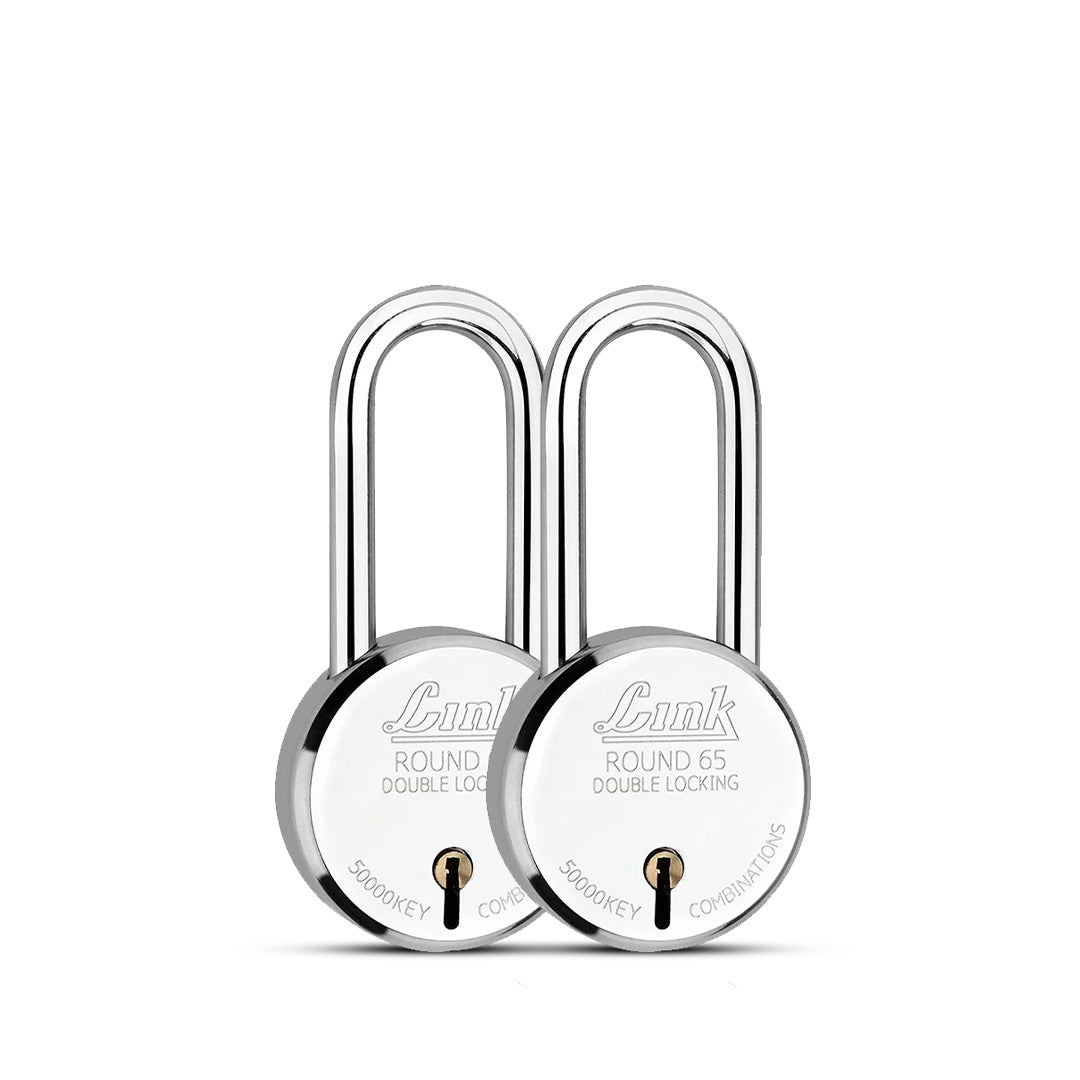 Link  New Round 65MM Long Shackle Padlock | Steel Body | Iron Lever | Double Locking | 50,000 Key Combinations 3 Silver Keys for Each Padlocks (Pack of 2)