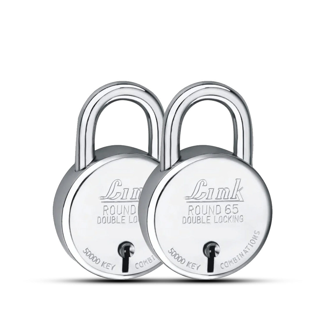 Link New Round 65MM Padlock | Steel Body | Iron Lever | Double Locking | 50,000 Key Combinations 3 Silver Keys for Each Padlocks (Pack of 2)