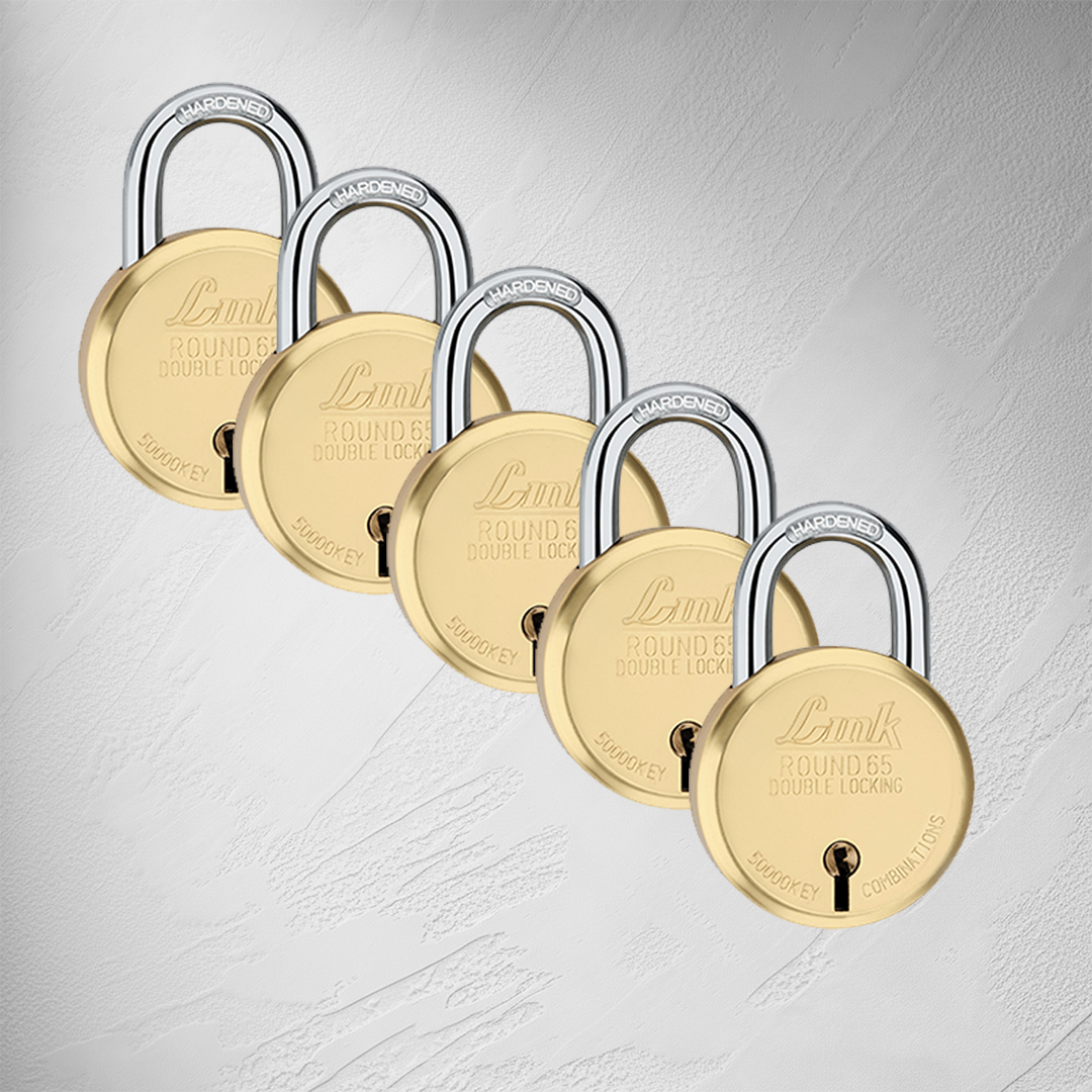 Link New Round Brass 65MM Padlocks 5Pcs Set | 50000 Computerised Key Combinations | Double Locking | Brass Body | Brass Liver | Made in India | 3 Keys for Each Padlock