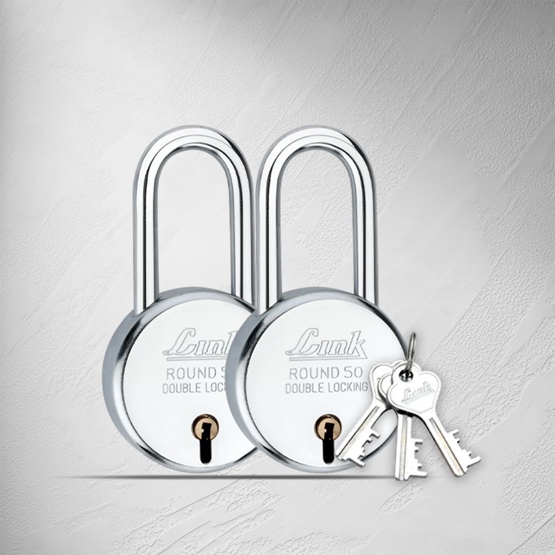 Link  New Round 50MM LS Padlock | Steel Body | Iron Lever | Double Locking | 50,000 Key Combinations 3 Silver Keys for Each Padlocks (Pack of 2)