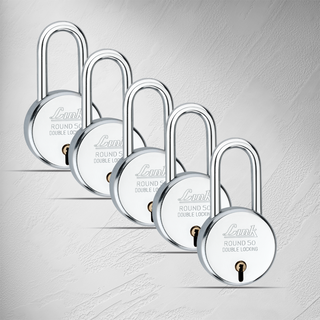  Link New Round 50MM Long Shackle 5Pcs Set | 50,000 Key Combinations | Made in India | Double Locking | Steel Body | Iron Lever| 3 Keys for Each Padlock 