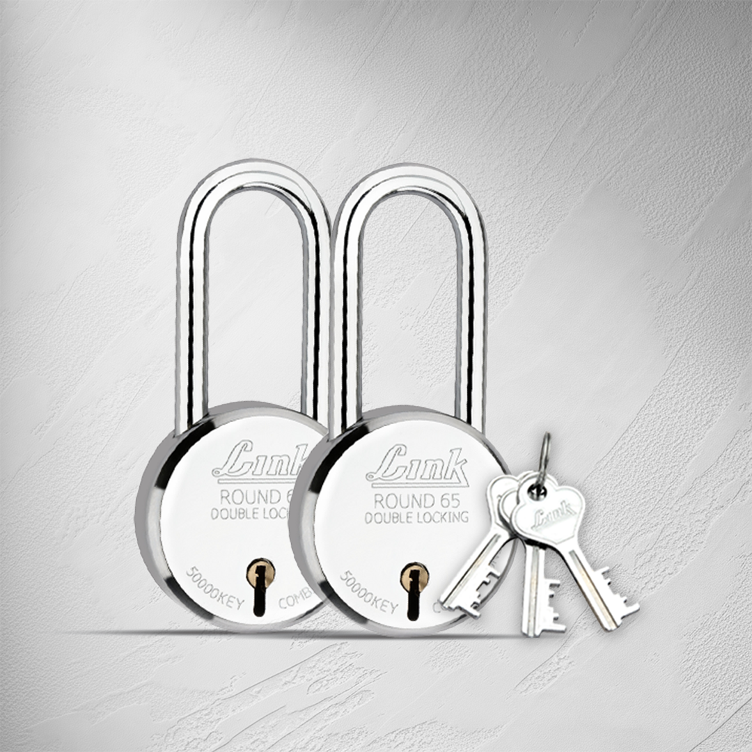 Link  New Round 65MM Long Shackle Padlock | Steel Body | Iron Lever | Double Locking | 50,000 Key Combinations 3 Silver Keys for Each Padlocks (Pack of 2)