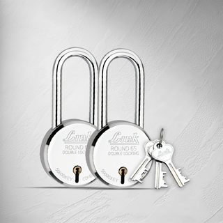  Link  New Round 65MM Long Shackle Padlock | Steel Body | Iron Lever | Double Locking | 50,000 Key Combinations 3 Silver Keys for Each Padlocks (Pack of 2) 