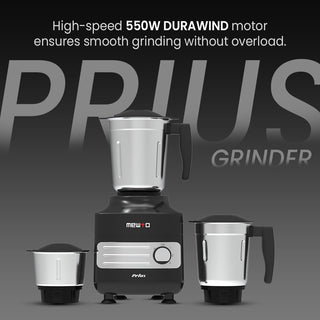 Mewto Prius 550W Mixer Grinder | Durawind Motor, 3 Multi-Purpose Jars, 30-Minute Continuous Rating, Stainless Steel 304 Blade