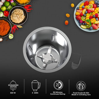 Mewto Prius 550W Mixer Grinder | Durawind Motor, 3 Multi-Purpose Jars, 30-Minute Continuous Rating, Stainless Steel 304 Blade