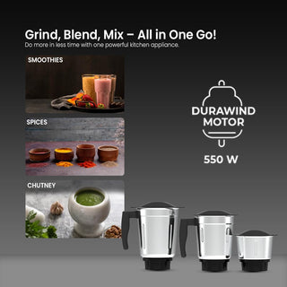 Mewto Prius 550W Mixer Grinder | Durawind Motor, 3 Multi-Purpose Jars, 30-Minute Continuous Rating, Stainless Steel 304 Blade