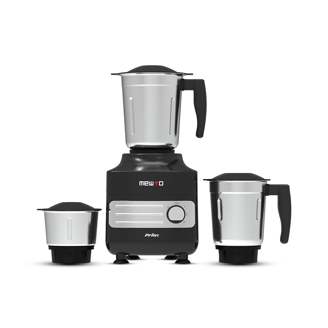 Mewto Prius 550W Mixer Grinder | Durawind Motor, 3 Multi-Purpose Jars, 30-Minute Continuous Rating, Stainless Steel 304 Blade