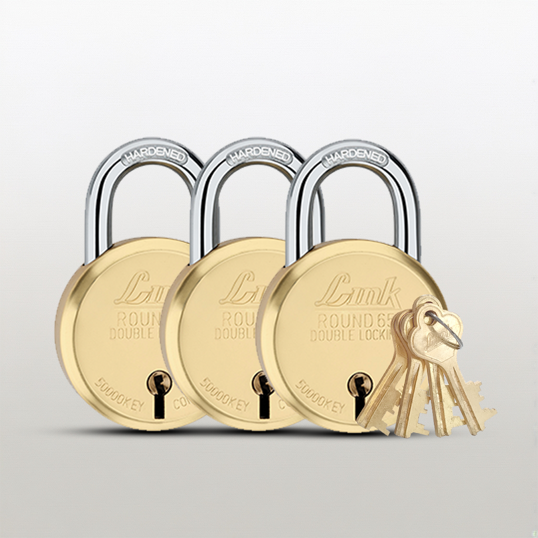 Link 8 Levers 65mm Round Brass Body Padlock | Hardened Shackle | Double Locking | Brass Finish Home Door Lock with 4 Brass Keys| Made in India| (Gold, Pack of 3)