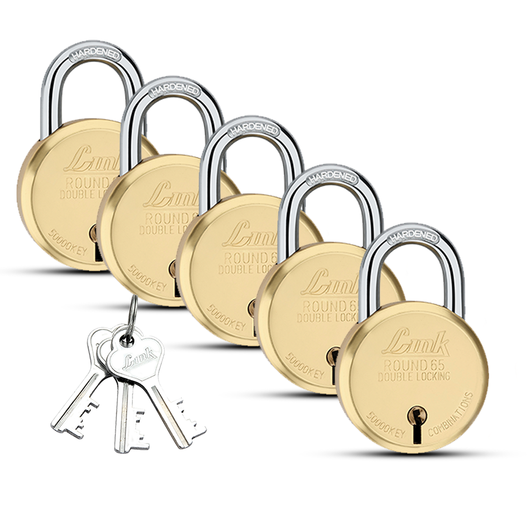 Link New Round Brass 65MM Padlocks 5Pcs Set | 50000 Computerised Key Combinations | Double Locking | Brass Body | Brass Liver | Made in India | 3 Keys for Each Padlock