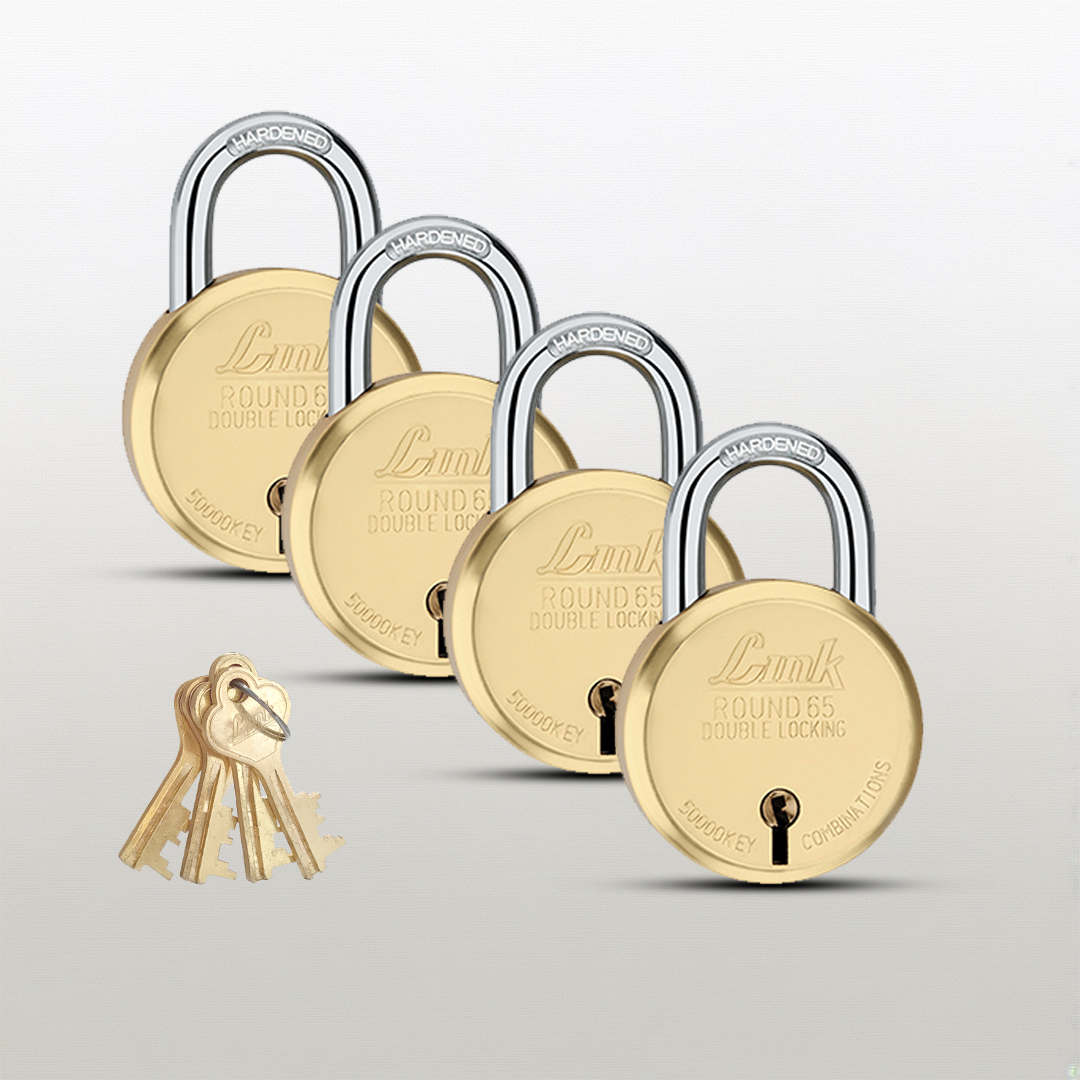 Link 8 Levers 65mm Round Brass Body Padlock| Hardened Shackle|Double Locking | Brass Finish Home Door Lock with 4 Brass Keys| Made in India| (Gold, Pack of 4)