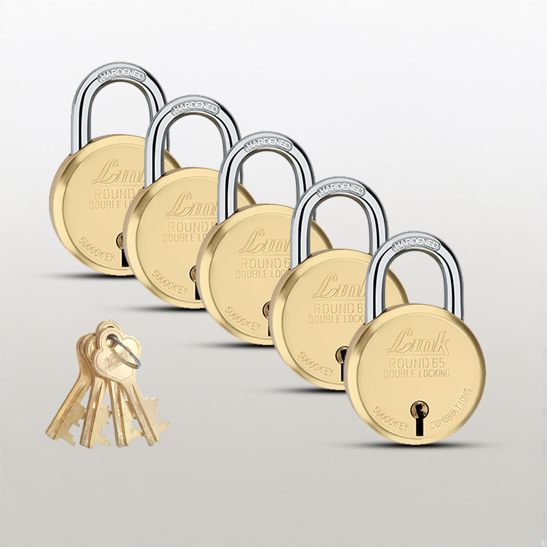 Link 8 Levers 65mm Round Brass Body Padlock| Hardened Shackle|Double Locking | Brass Finish Home Door Lock with 4 Brass Keys| Made in India| (Gold, Pack of 5)