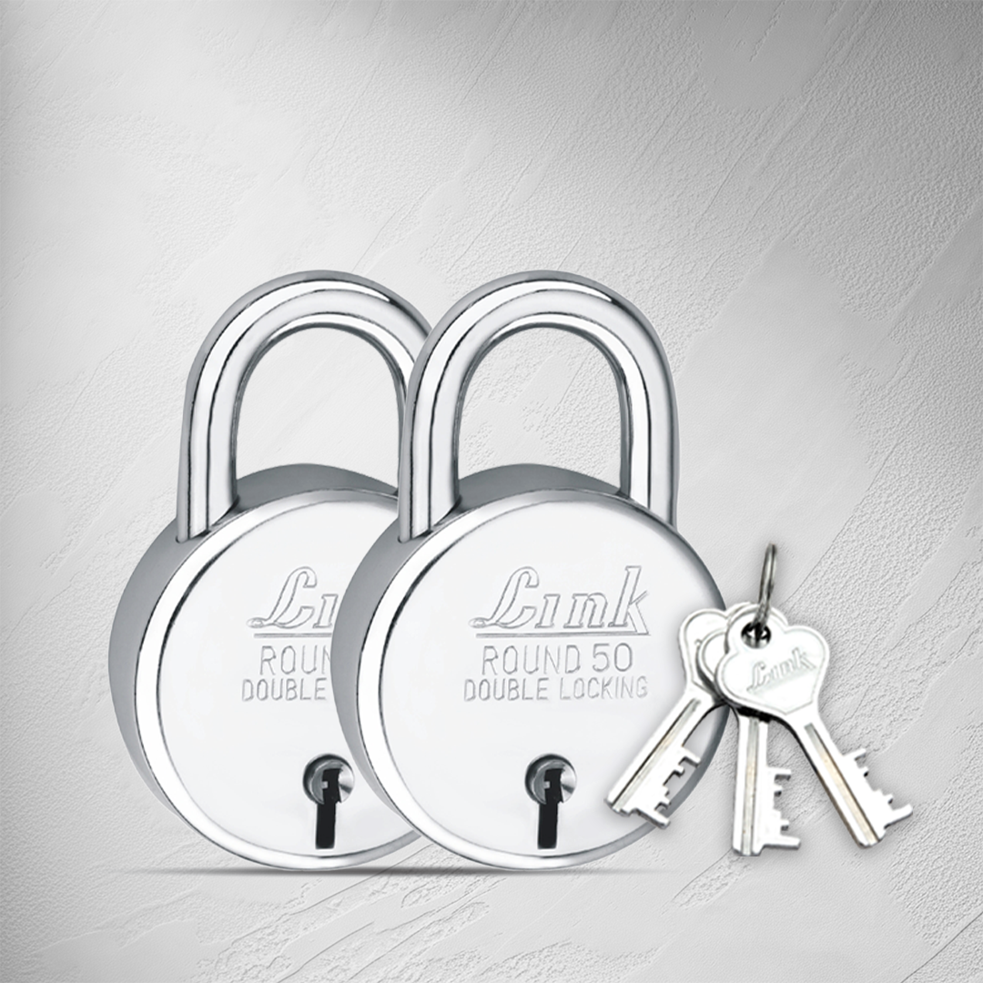 Link  New Round 50MM Lock | Steel Body | Iron Lever | Double Locking | 50,000 Key Combinations 3 Silver Keys for Each Padlocks (Pack of 2)