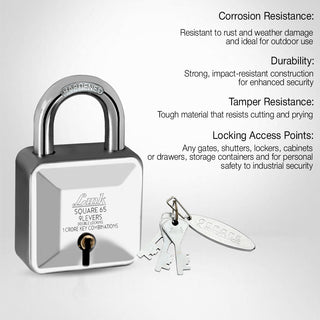 Link Square 65MM Diamond Cut Patented Design Padlock | 9 levers | Double Locking | 1 Cr Key Combinations | Hardened Shackle | Solid Steel Body with 3 Keys | 10 Years Warranty |