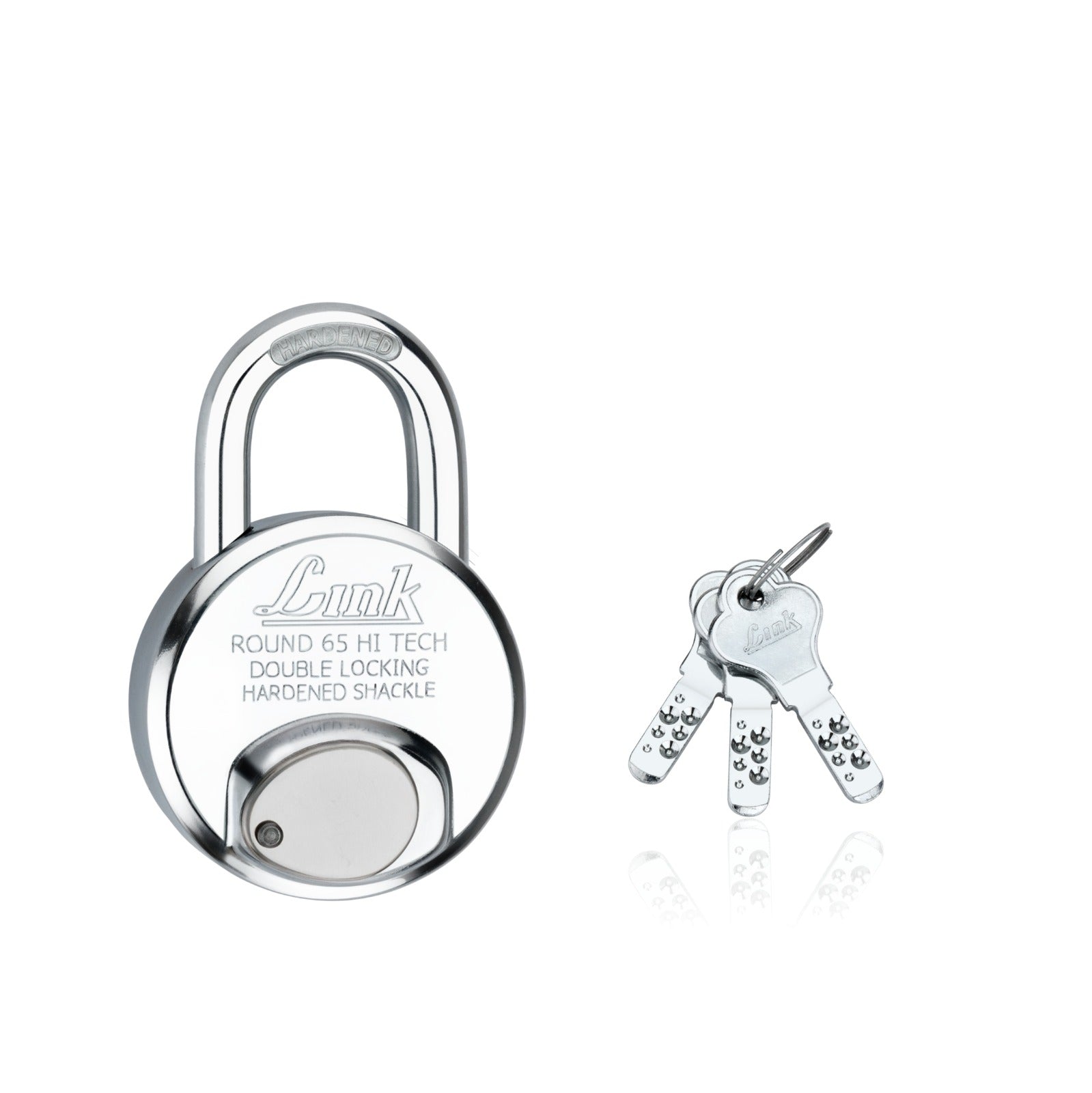 Link Hi-Tech 65mm Round Padlock  | Stainless Steel Body | Hardened Shackle | 3 Iron Keys with Hi-Tech Nickle | Made in India