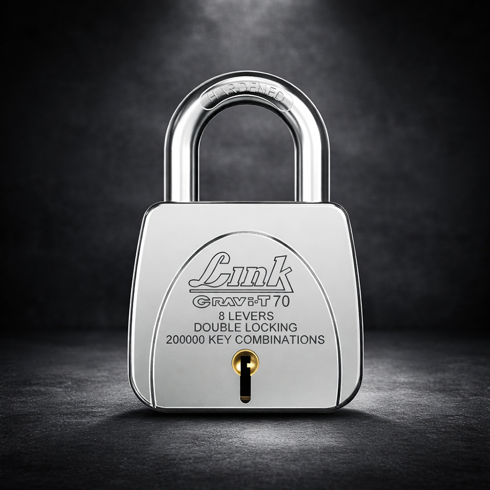 Link Gravi-T 70mm Heavy Duty Padlock | Lock for Home Door, Office, Shop, Travel | Tough CR Body | Hardened Steel Shackle, | Double Locking System | 3 Silver Keys | 2 Lakh Key Combinations