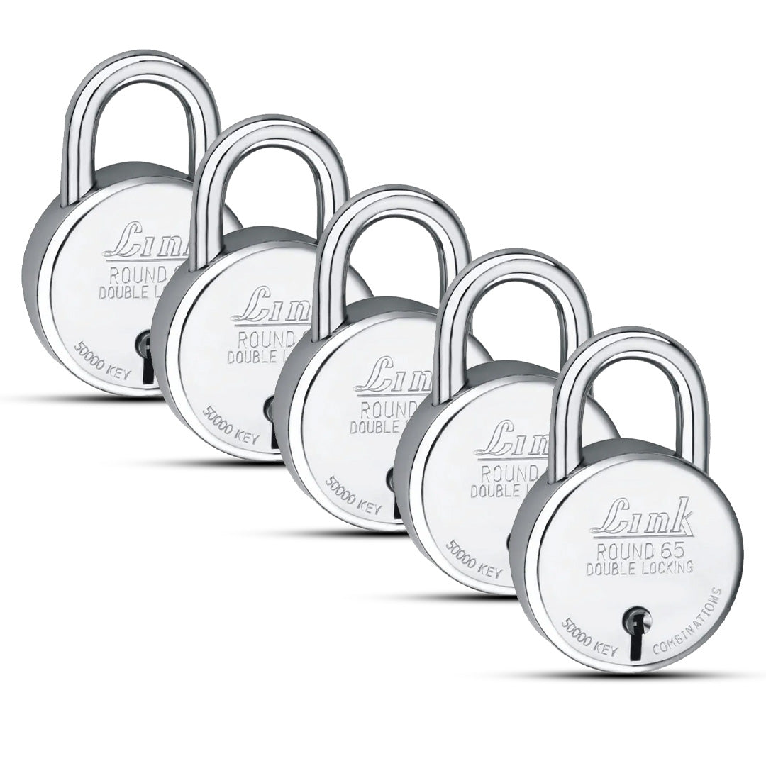 Link New Round 65MM Padlocks 5Pcs Set | 50,000 Key Combinations | Made in India | Double Locking | Steel Body | Iron Lever | 3 Keys for Each Padlock